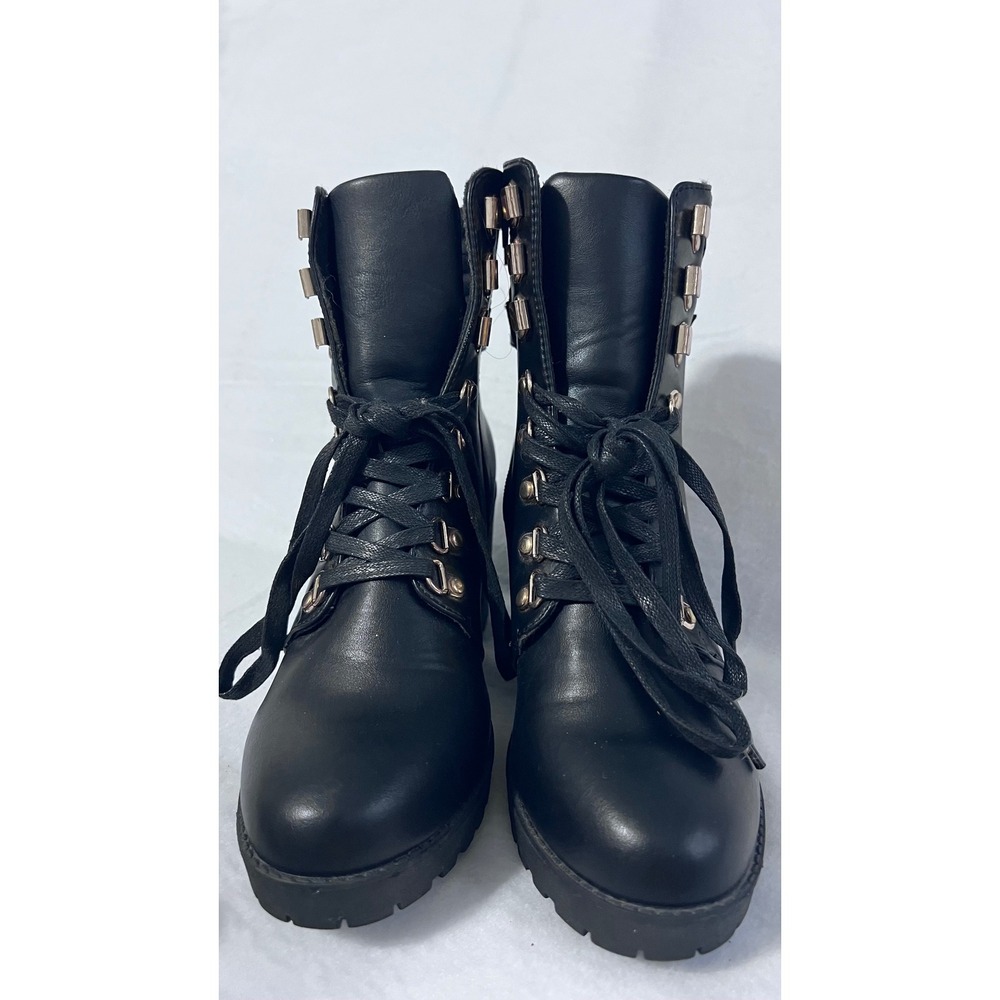 Womens Black Combat Lace Up Chunky Heel Boots Size 8.5 Buckle‎ Detail